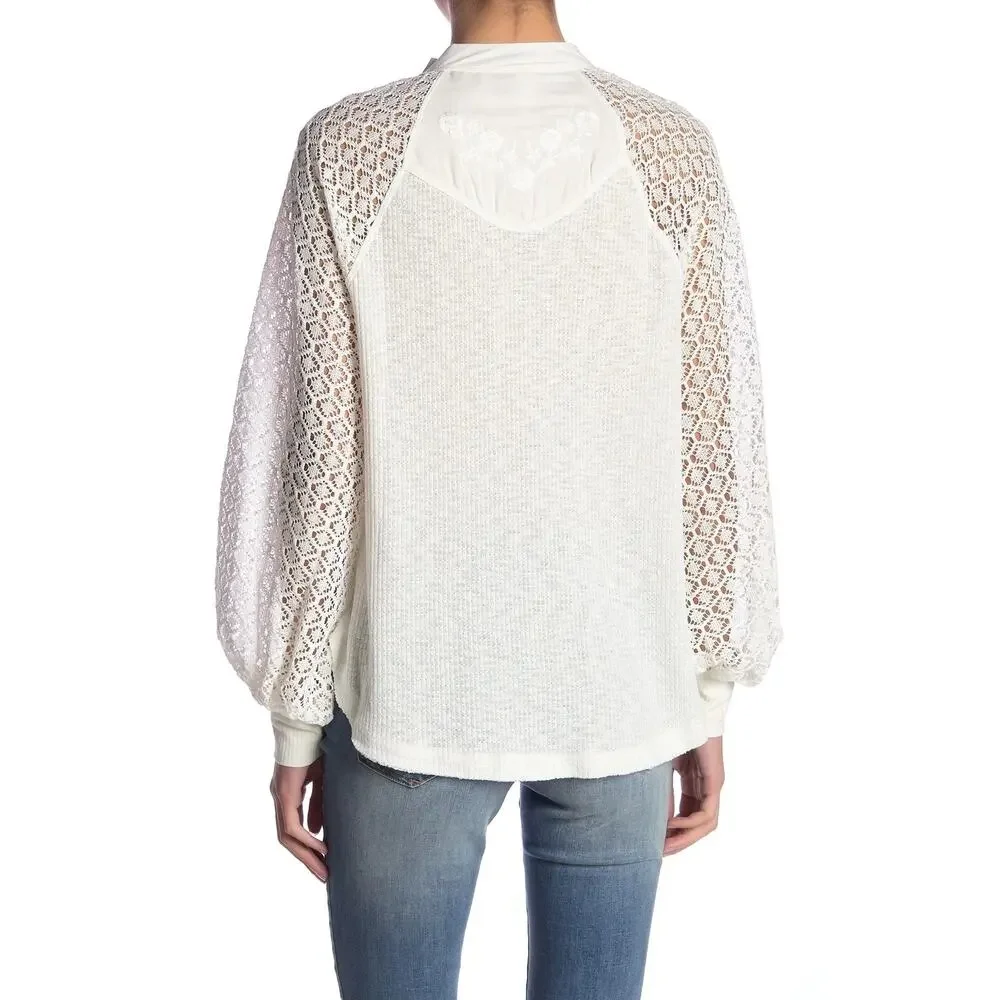Free People embroidered Y2K Long Sleeve Blouse Mock Neck Ivory Large A010225